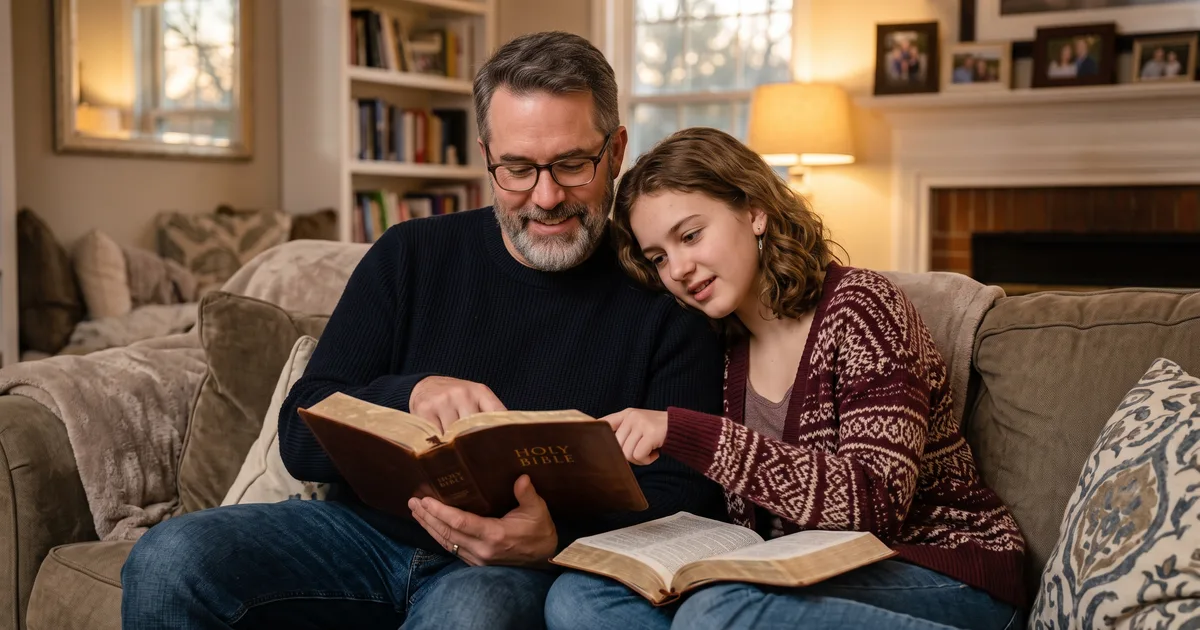 Padre hija adolescente leyendo la Biblia