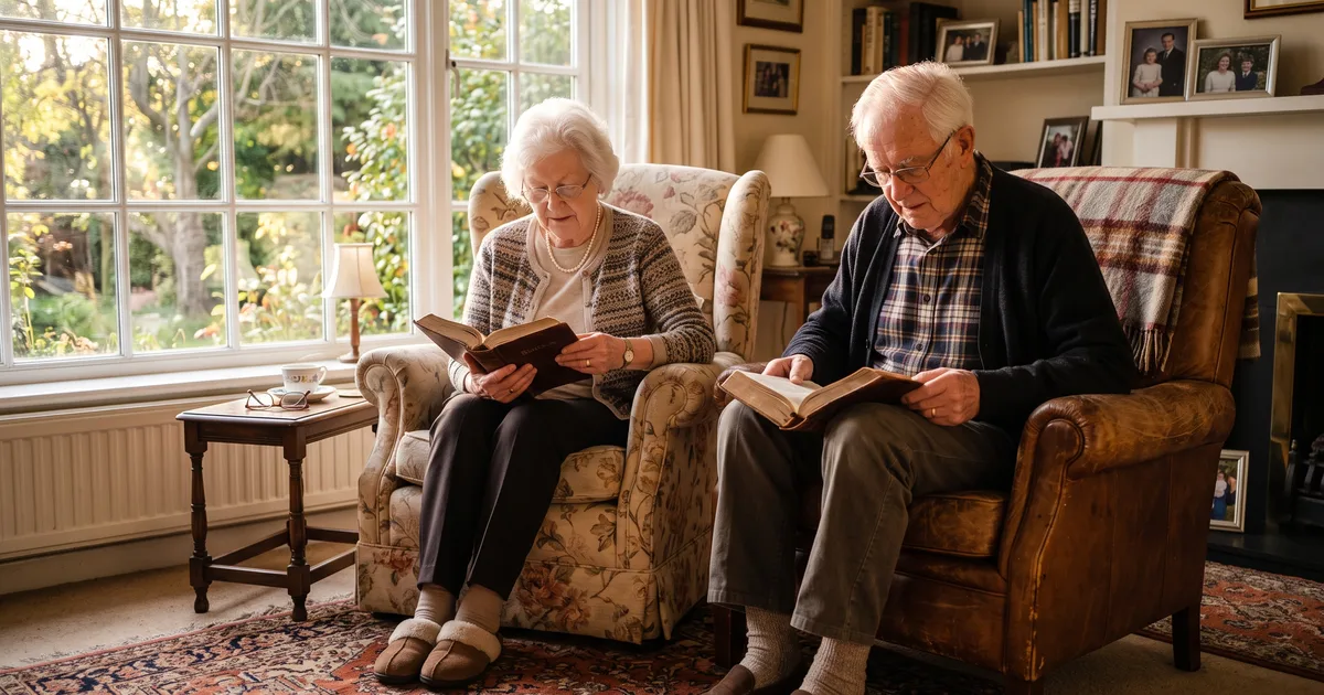 Pareja mayor sillones leyendo la Biblia